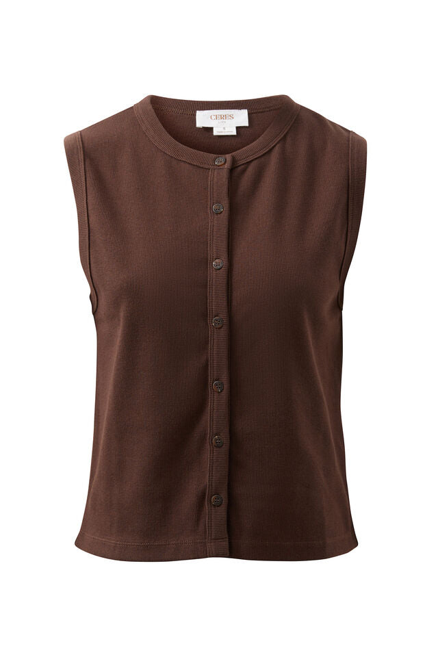 Lyla Button Rib Tank Chocolate