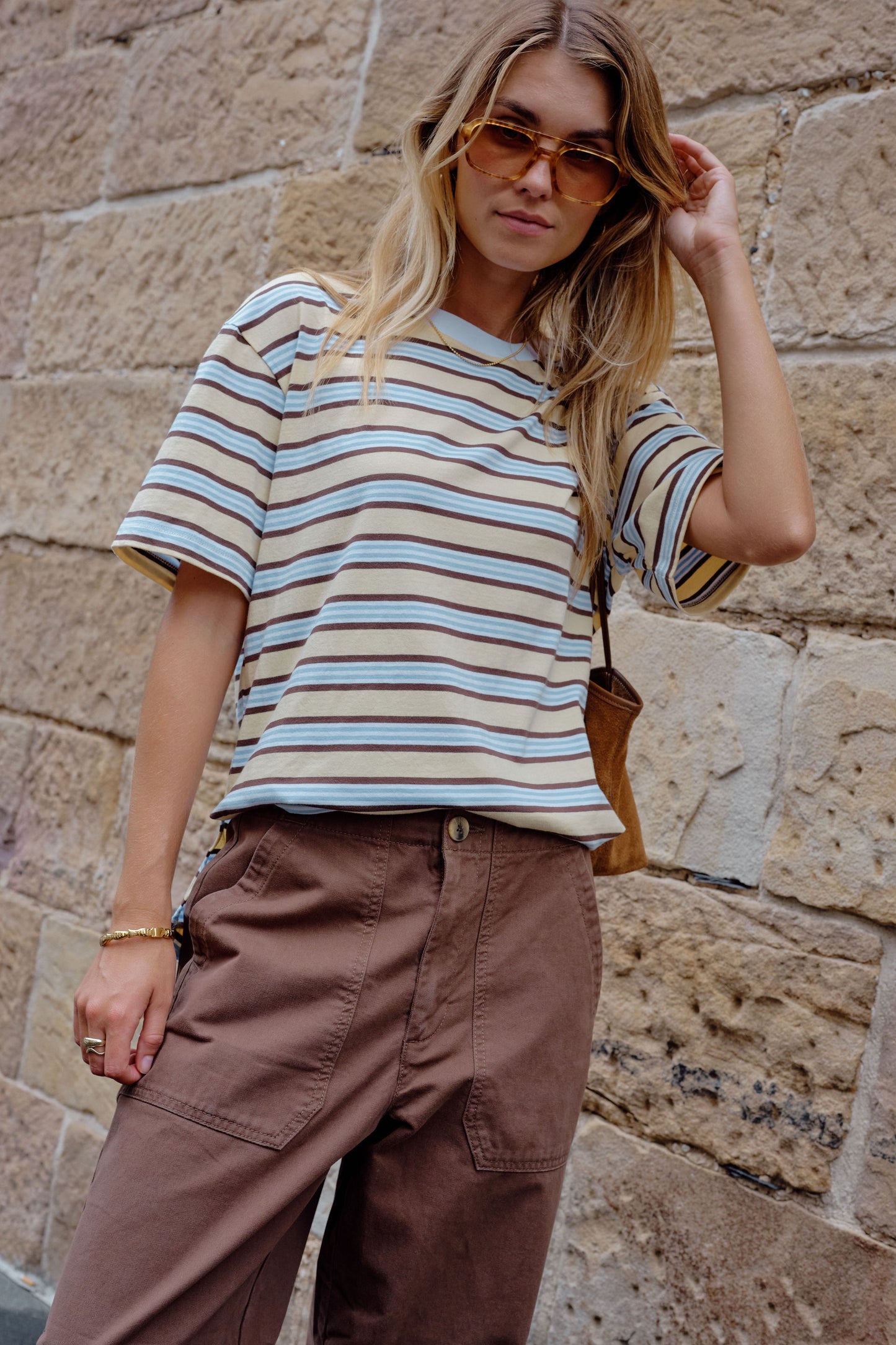Stevie Slouchie Tee/Butter Brunette Stripe
