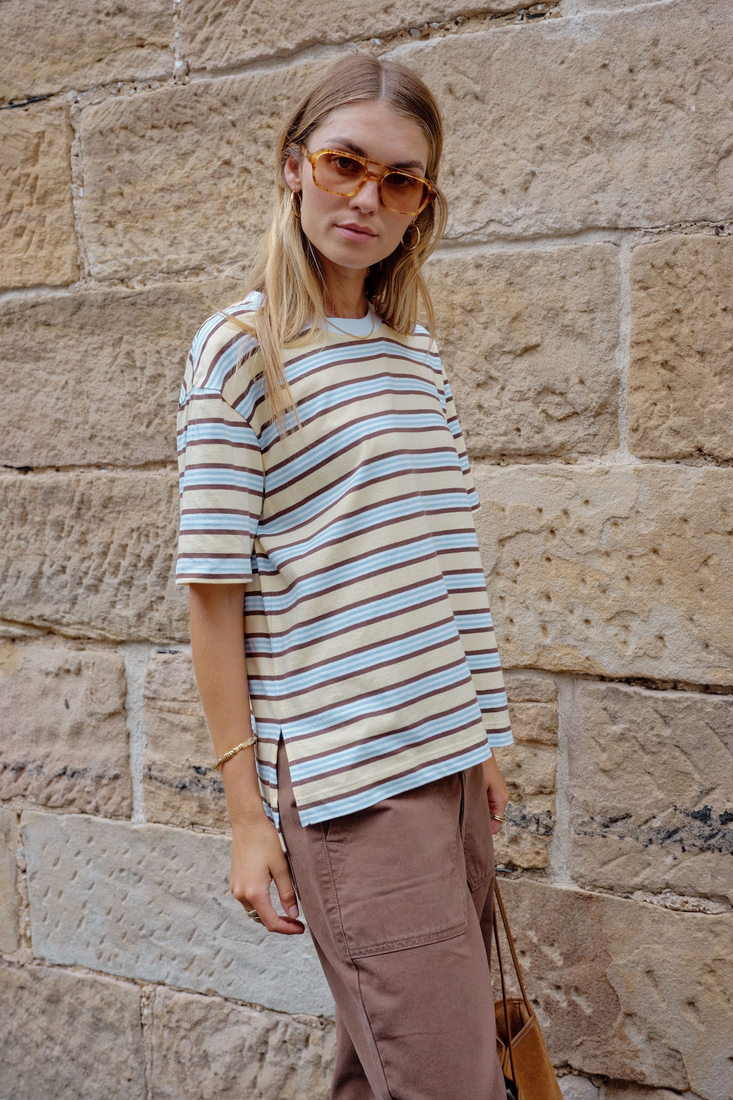 Stevie Slouchie Tee/Butter Brunette Stripe