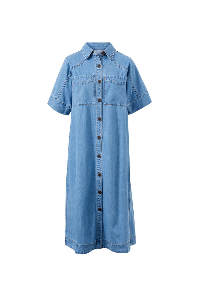 Short Sleeve Yoke Midi Dress - Vintage blue