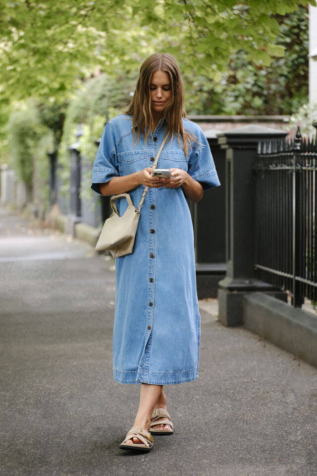 Short Sleeve Yoke Midi Dress - Vintage blue