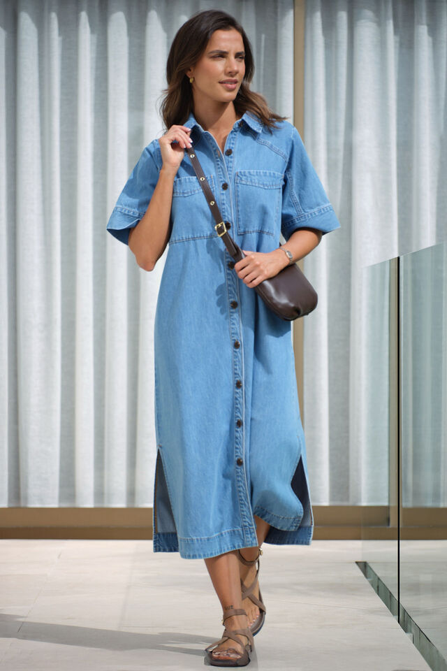 Short Sleeve Yoke Midi Dress - Vintage blue