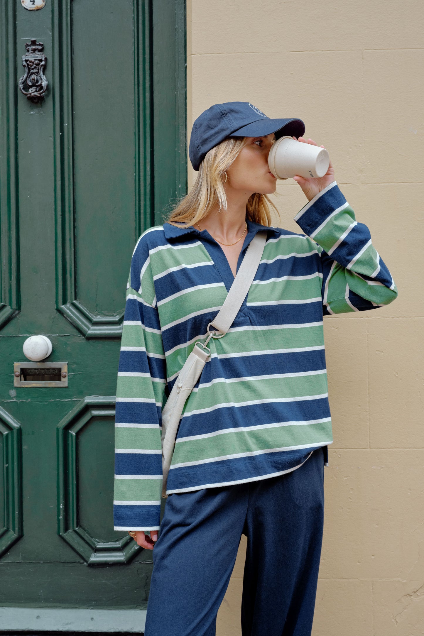 Shelby Slouchy Rugby Top/Pistachio/Hertage Navy Stripe
