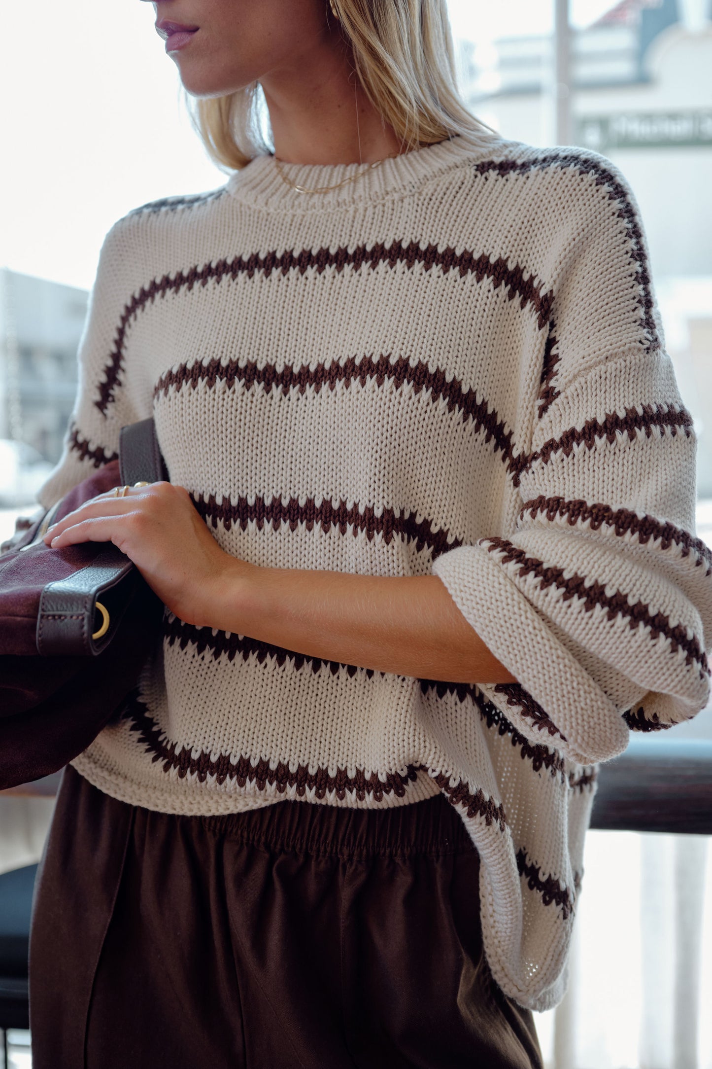 Lila Oversized Knit Crew/Ecru Stripe