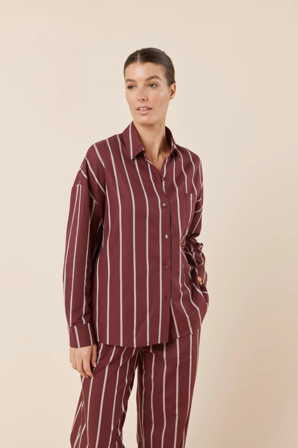 Chloe Cotton Striped PJ Set Burgundy