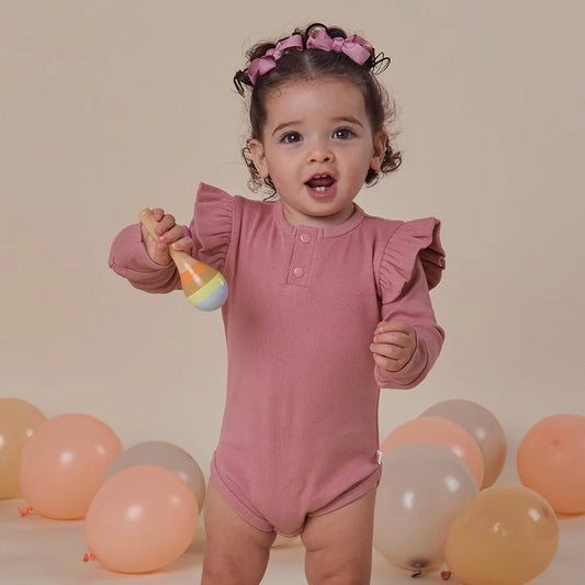 Jewel Pink Rib Long Sleeve Organic Bodysuit with Frill