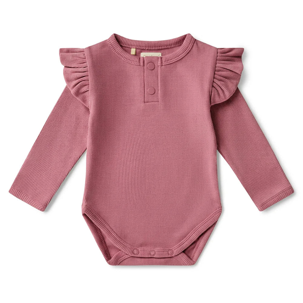 Jewel Pink Rib Long Sleeve Organic Bodysuit with Frill